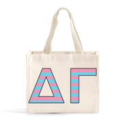Front view of Delta Gamma Greek letters in sorority colors small striped tote bag