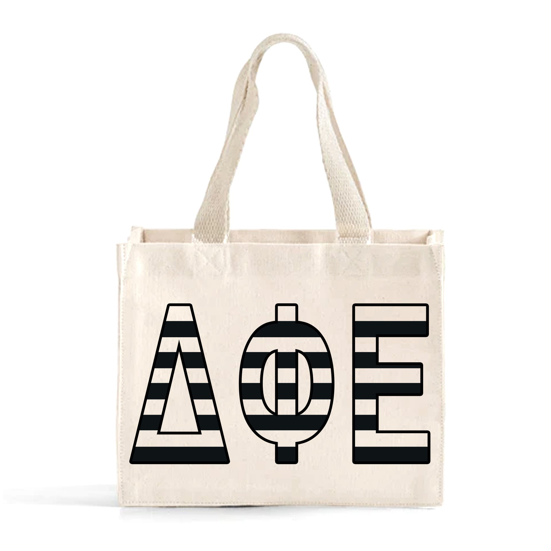 Front view of Delta Phi Epsilon small black and whie stripe tote bag