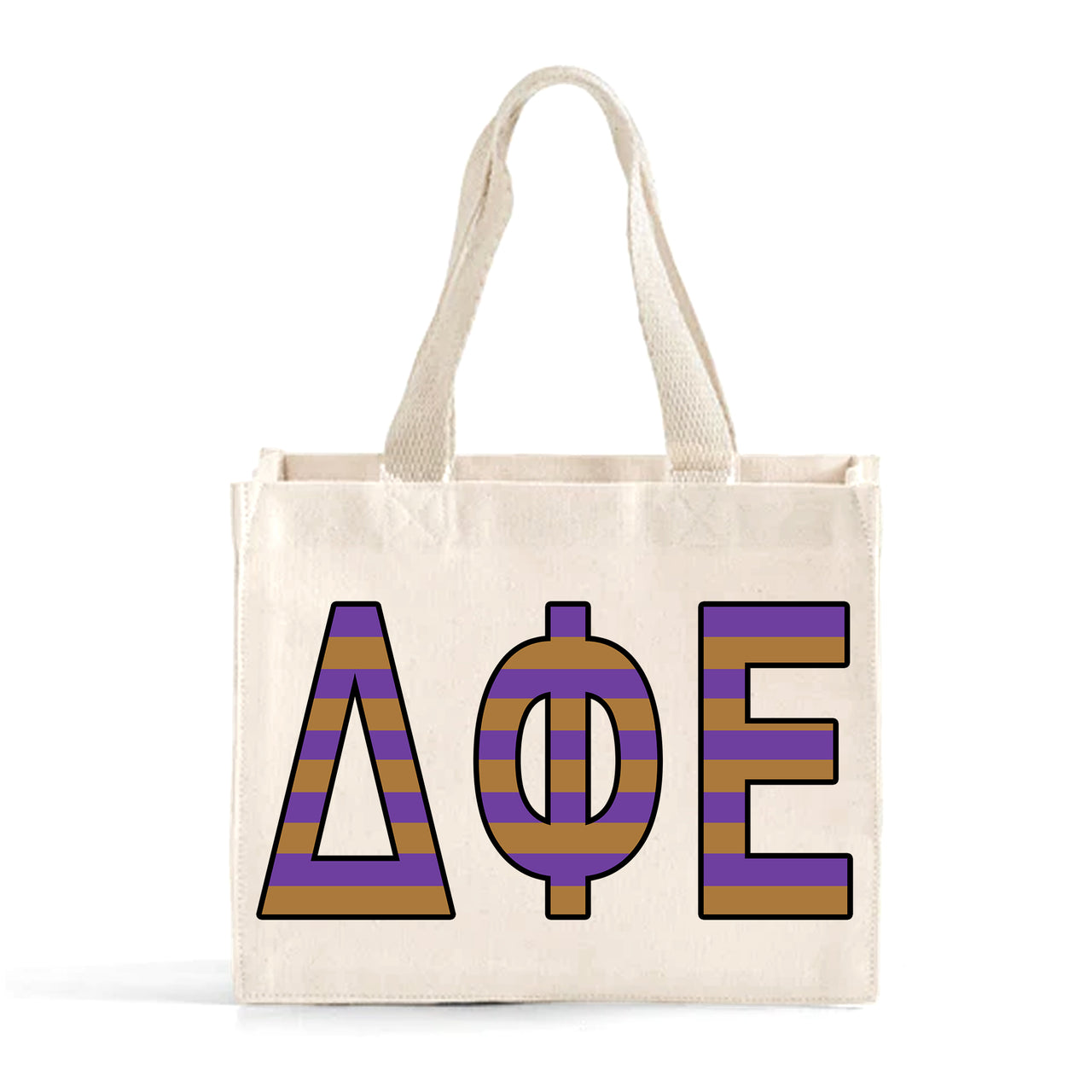 Front view of Delta Phi Epsilon Greek letters in sorority colors small striped tote bag