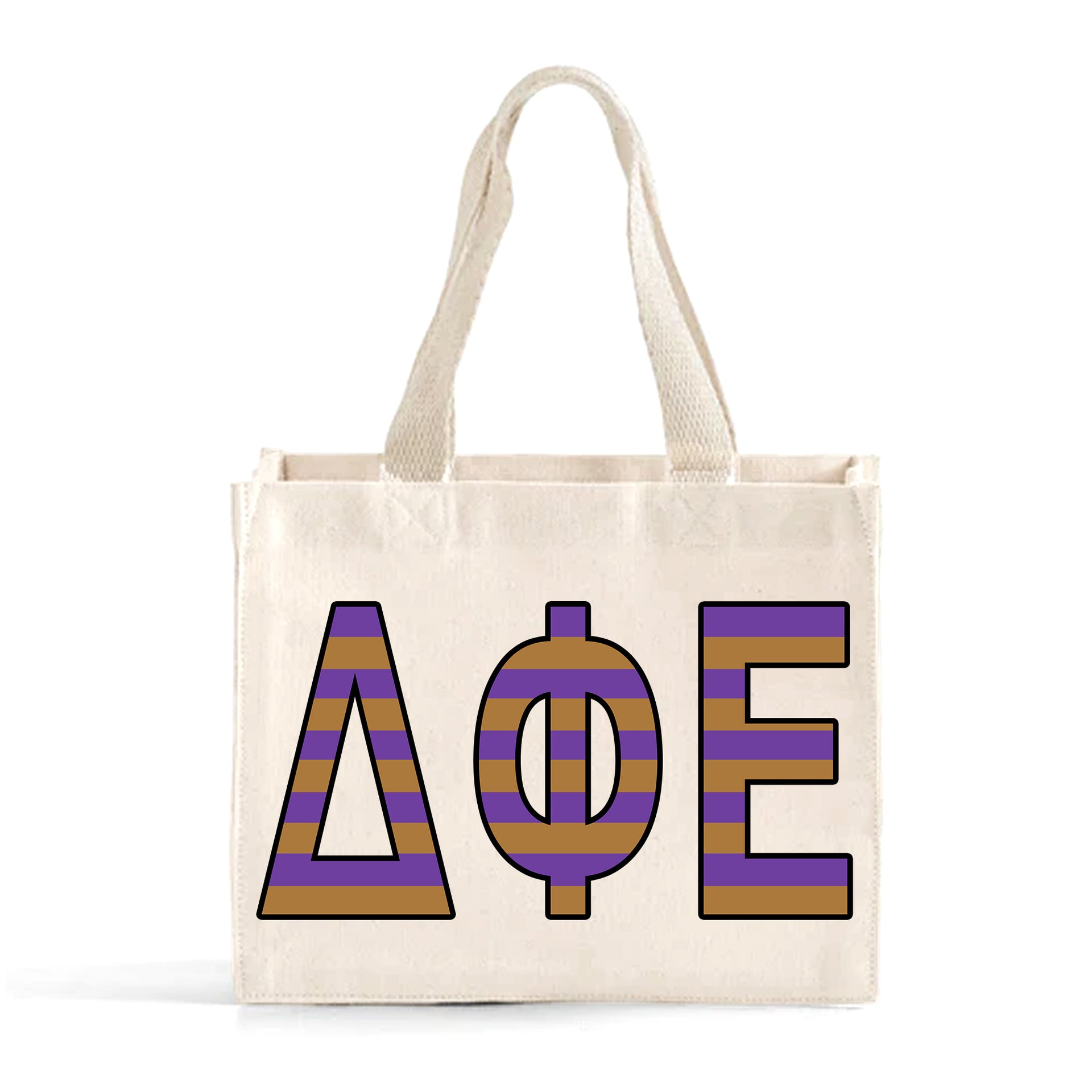 Front view of Delta Phi Epsilon Greek letters in sorority colors small striped tote bag