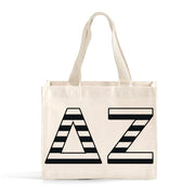 Front view of Delta Zeta small black and whie stripe tote bag