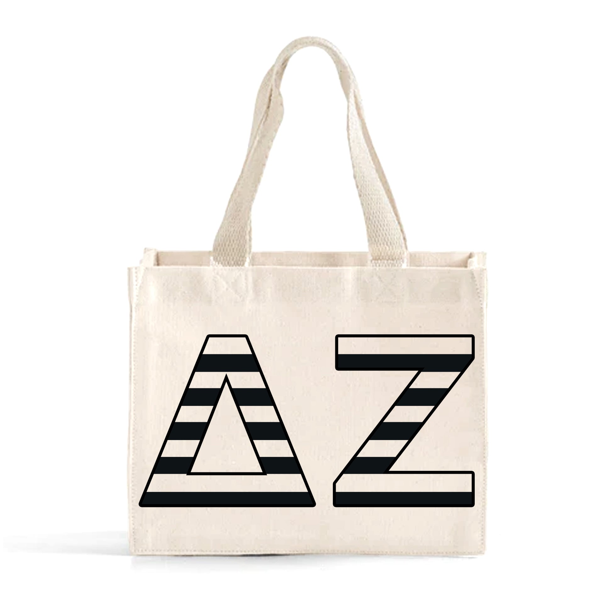 Front view of Delta Zeta small black and whie stripe tote bag