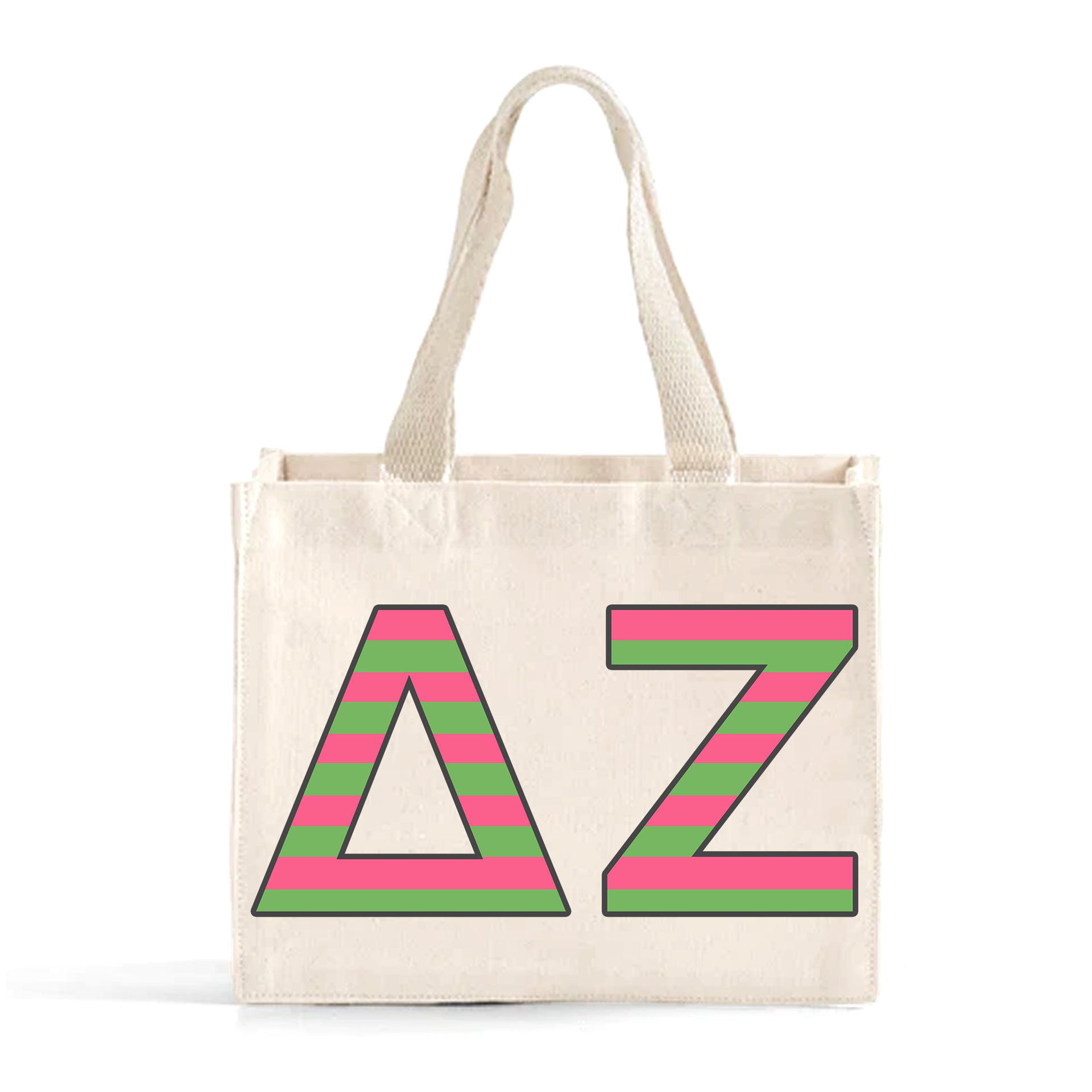Front view of Delta Zeta Greek letters in sorority colors small striped tote bag