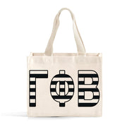 Front view of Gamma Phi Beta small black and whie stripe tote bag