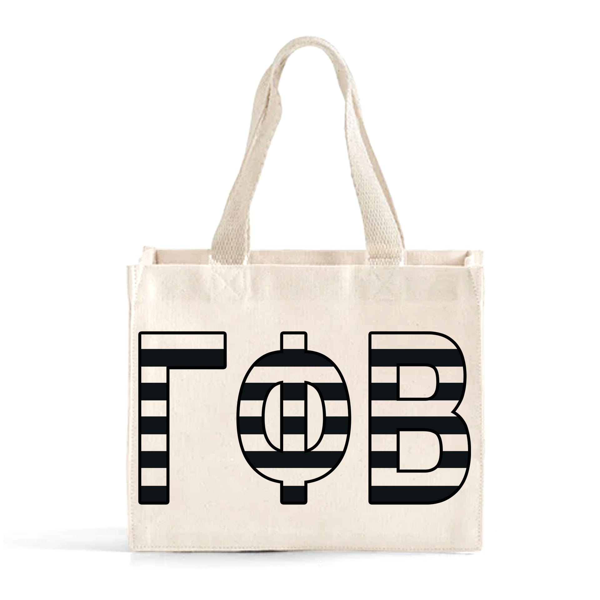 Front view of Gamma Phi Beta small black and whie stripe tote bag
