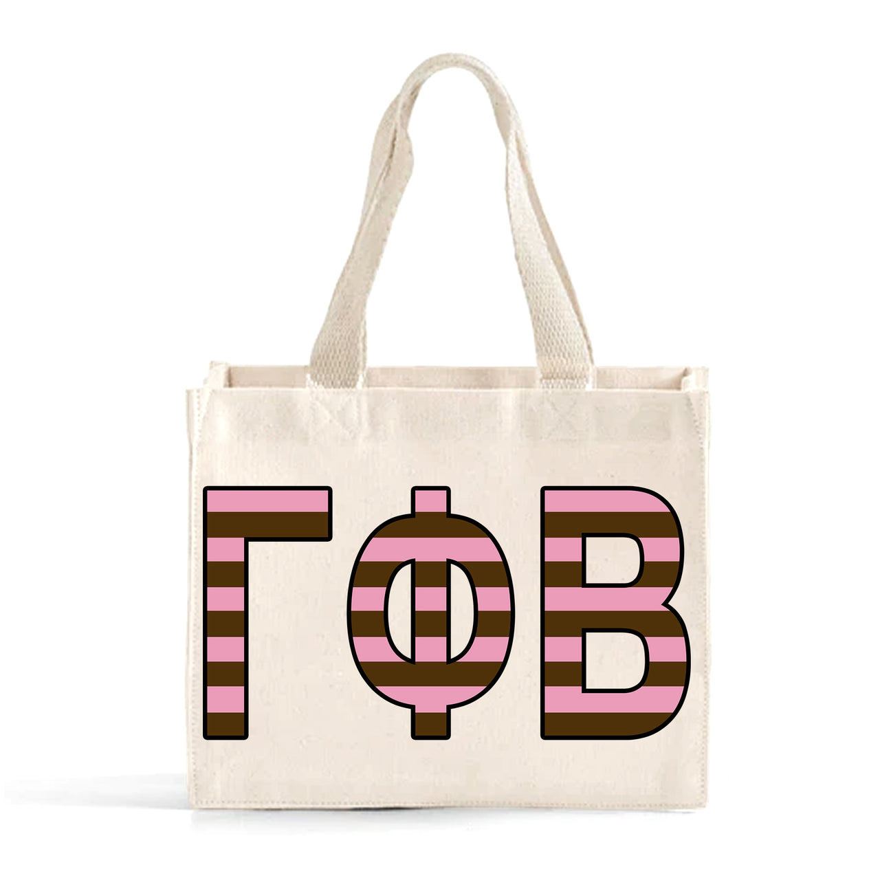 Front view of Gamma Phi Beta Greek letters in sorority colors small striped tote bag