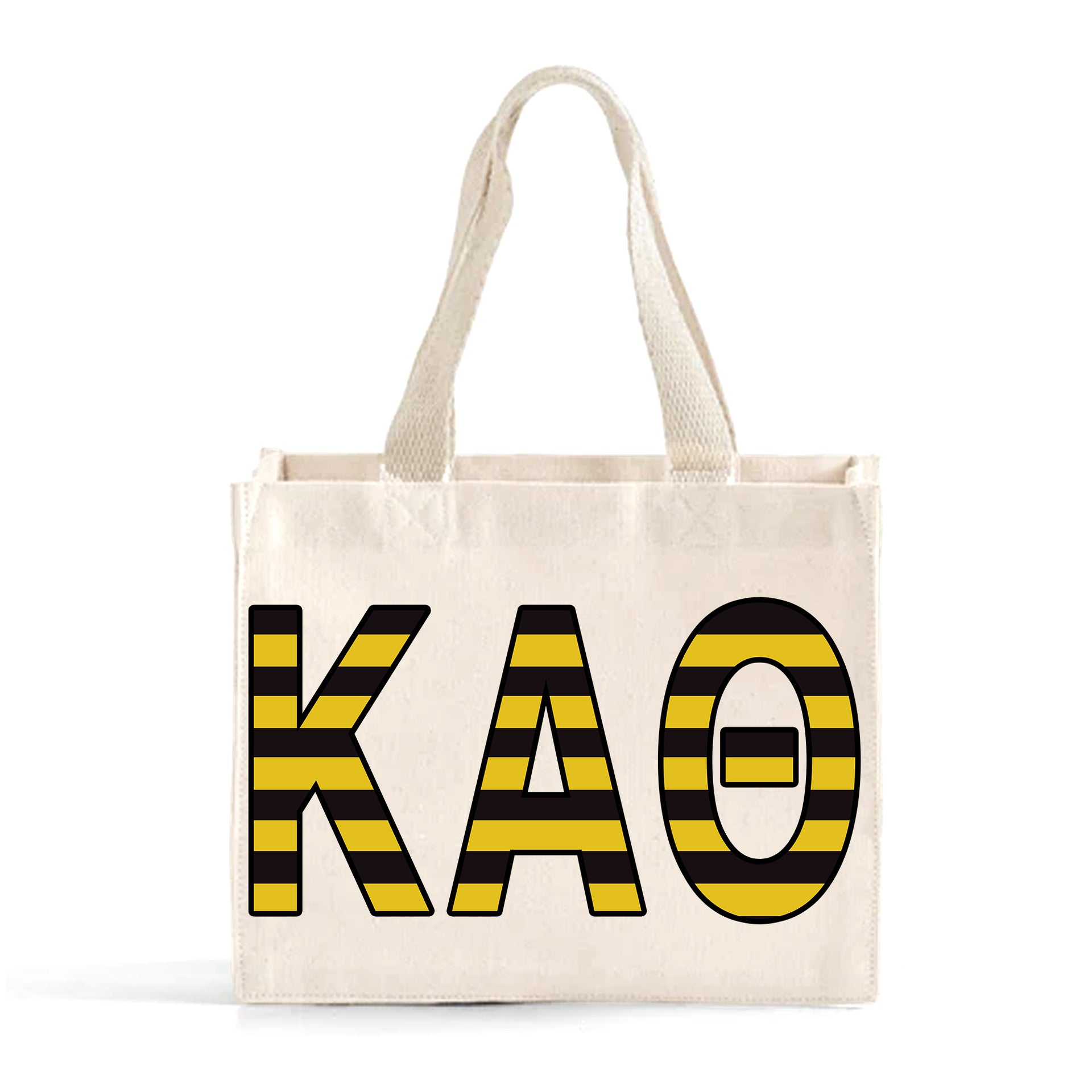 Front view of Kappa Alpha Theta Greek letters in sorority colors small striped tote bag