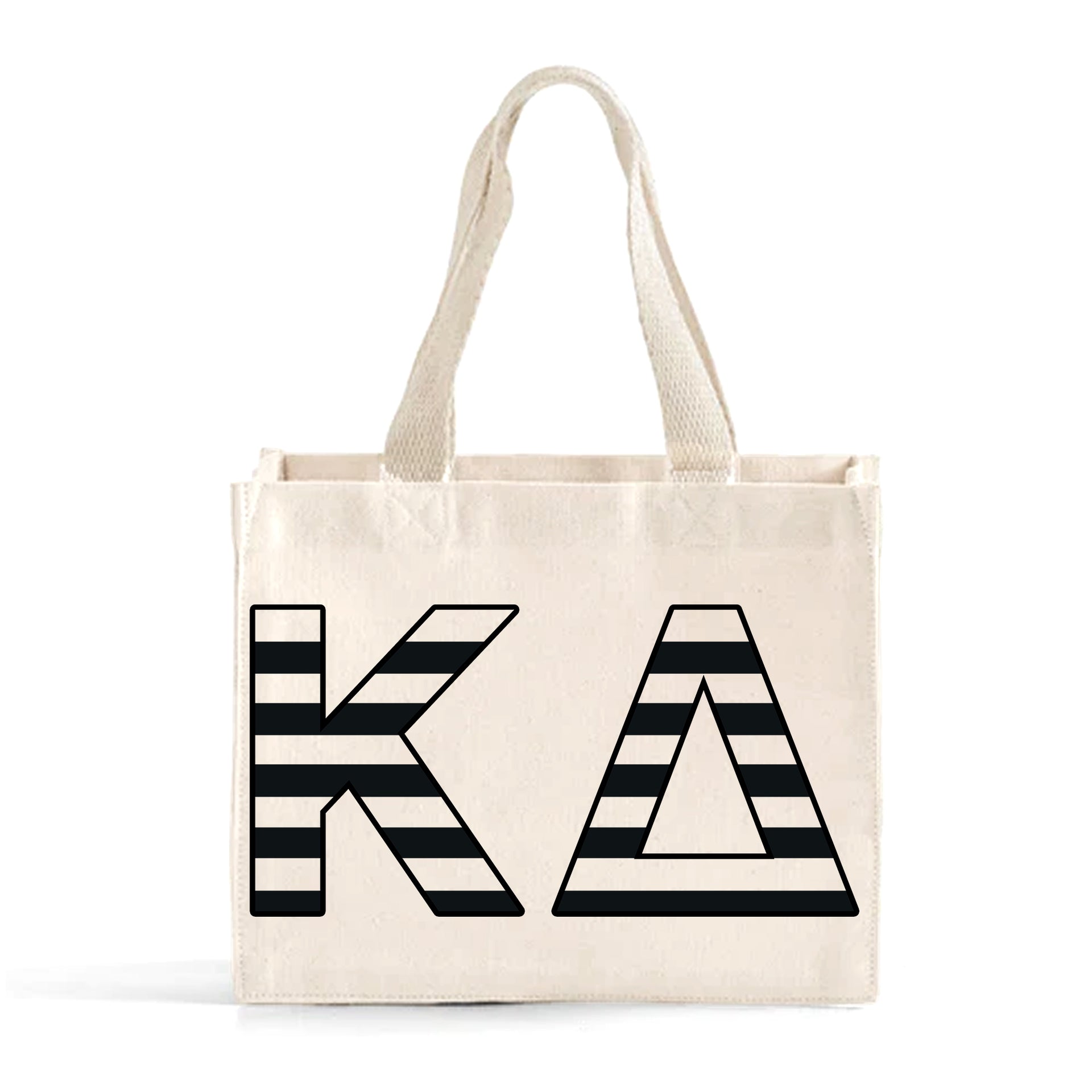 Front view of Kappa Delta small black and whie stripe tote bag