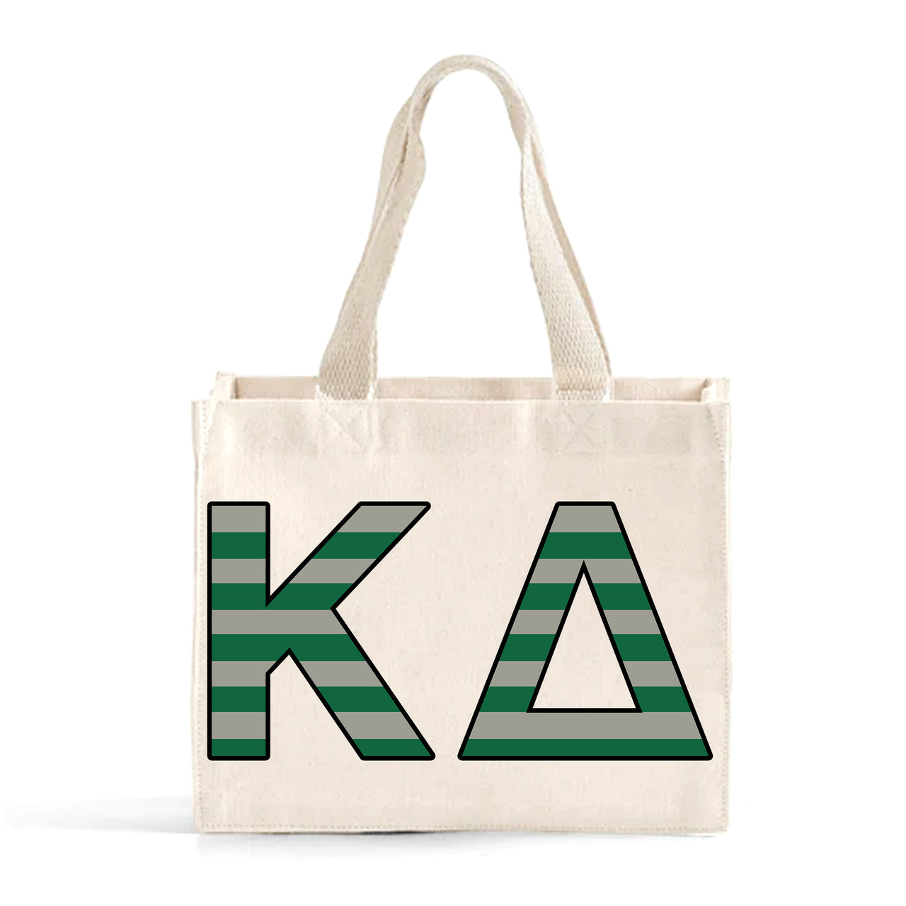 Front view of Kappa Delta Greek letters in sorority colors small striped tote bag