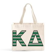 Front view of Kappa Delta Greek letters in sorority colors small striped tote bag