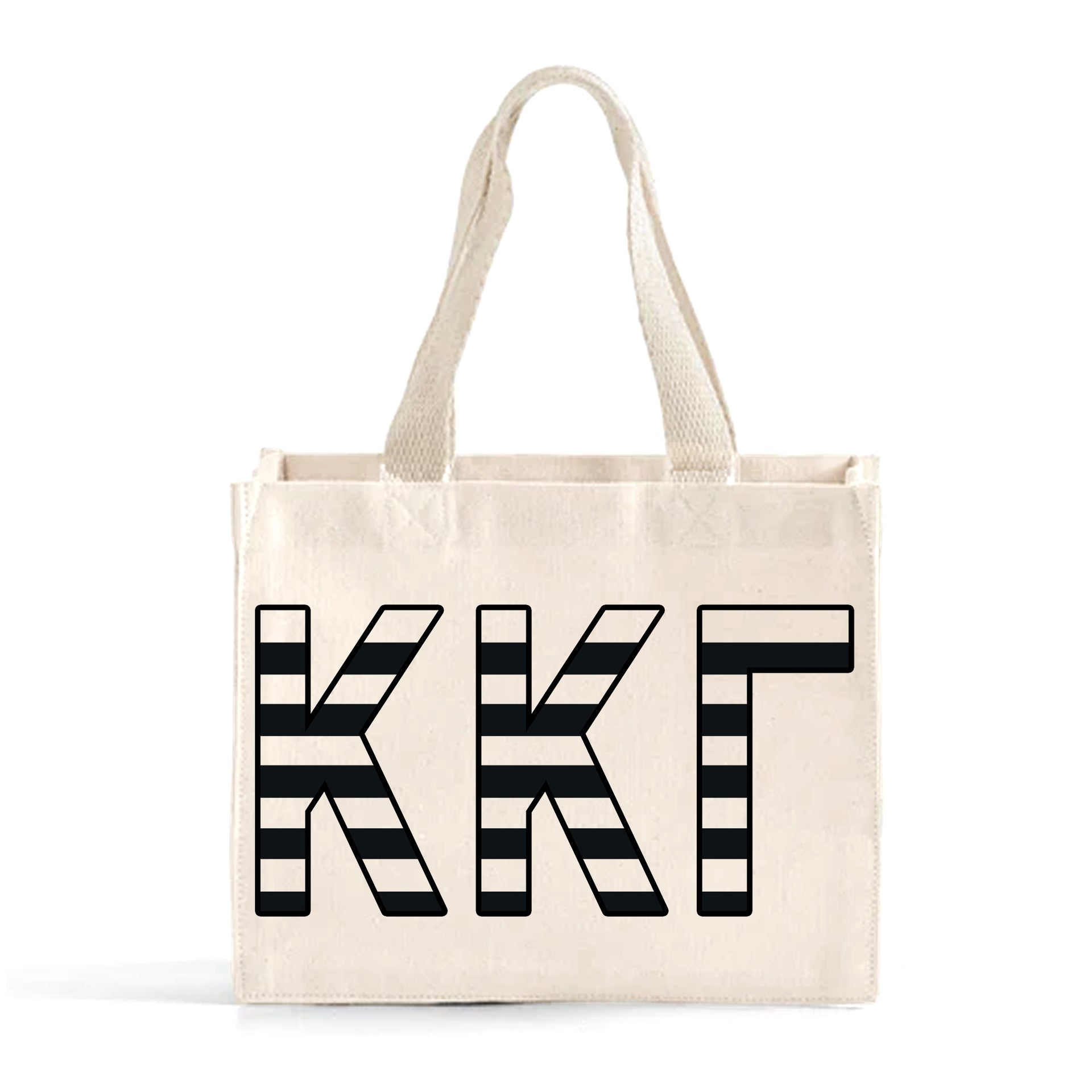 Front view of Kappa Alpha Theta small black and whie stripe tote bag