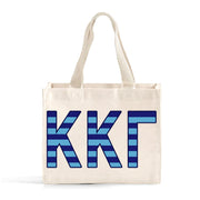 Front view of Kappa Kappa Gamma Greek letters in sorority colors small striped tote bag