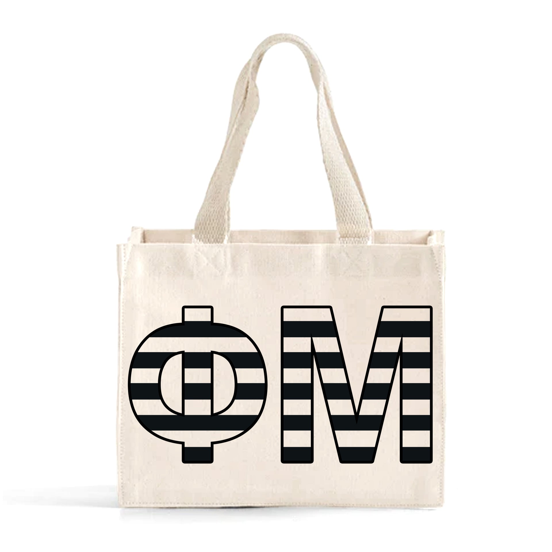 Front view of Phi Mu small black and whie stripe tote bag