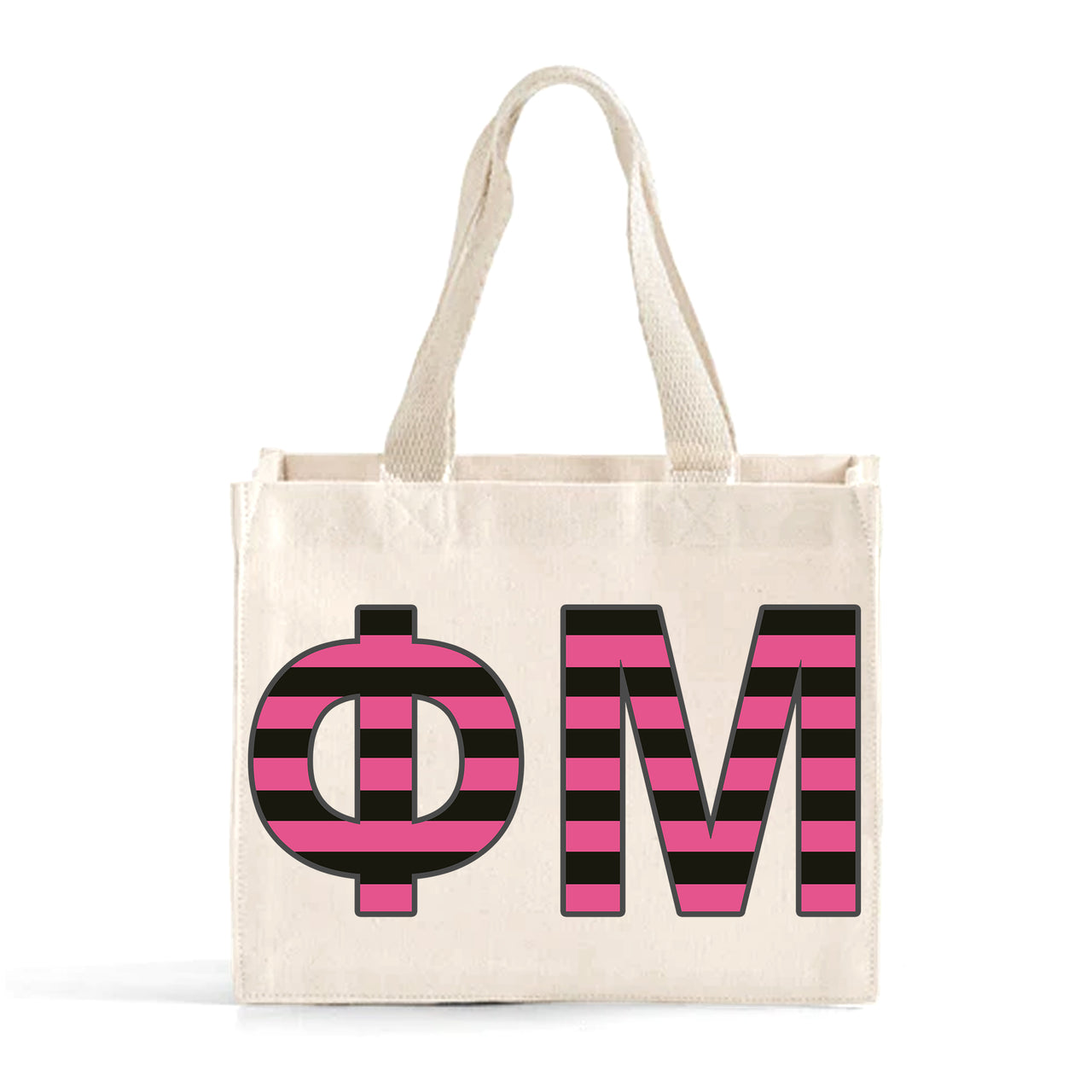 Front view of Phi Mu Greek letters in sorority colors small striped tote bag
