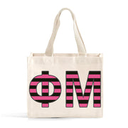 Front view of Phi Mu Greek letters in sorority colors small striped tote bag