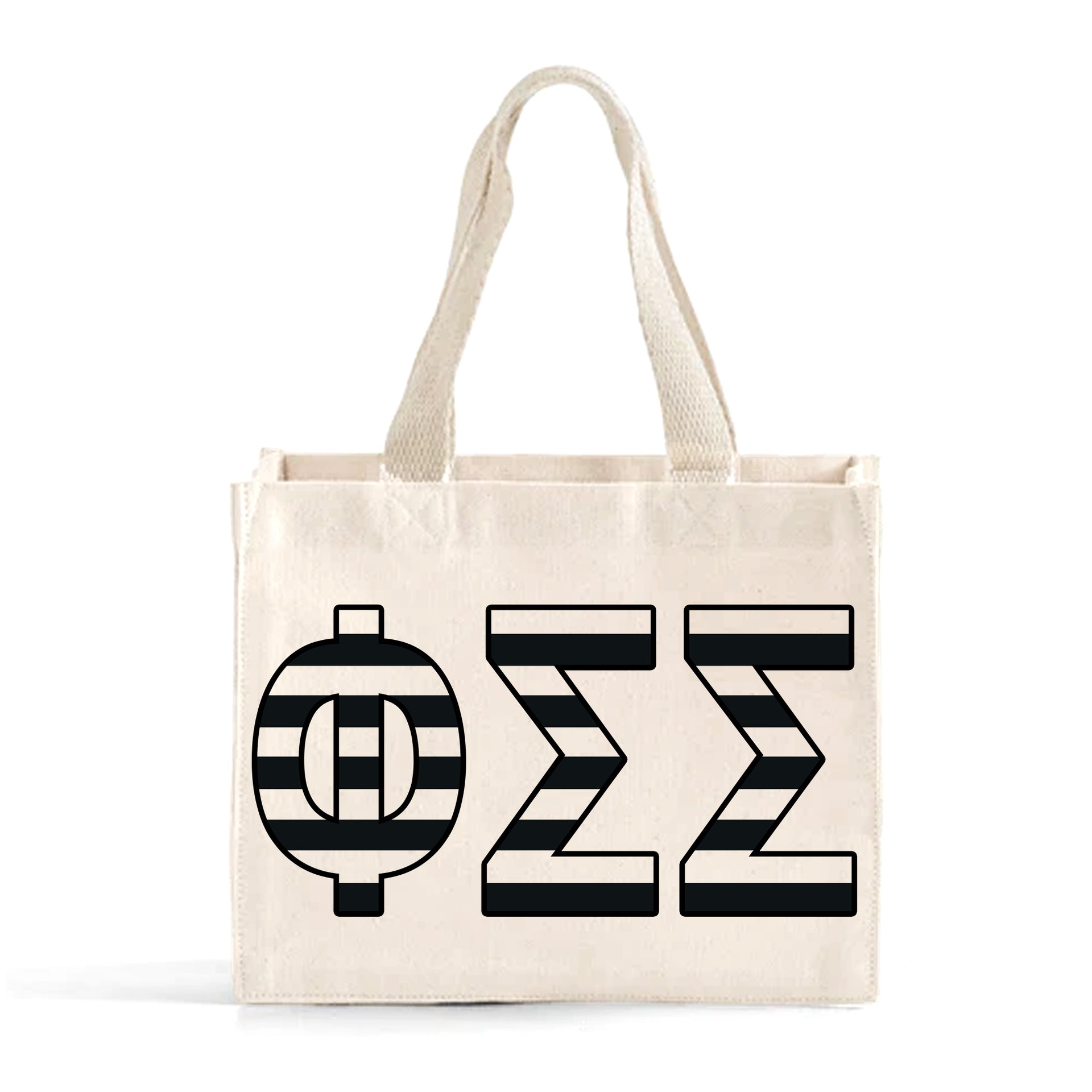 Front view of Phi Sigma Sigma small black and whie stripe tote bag