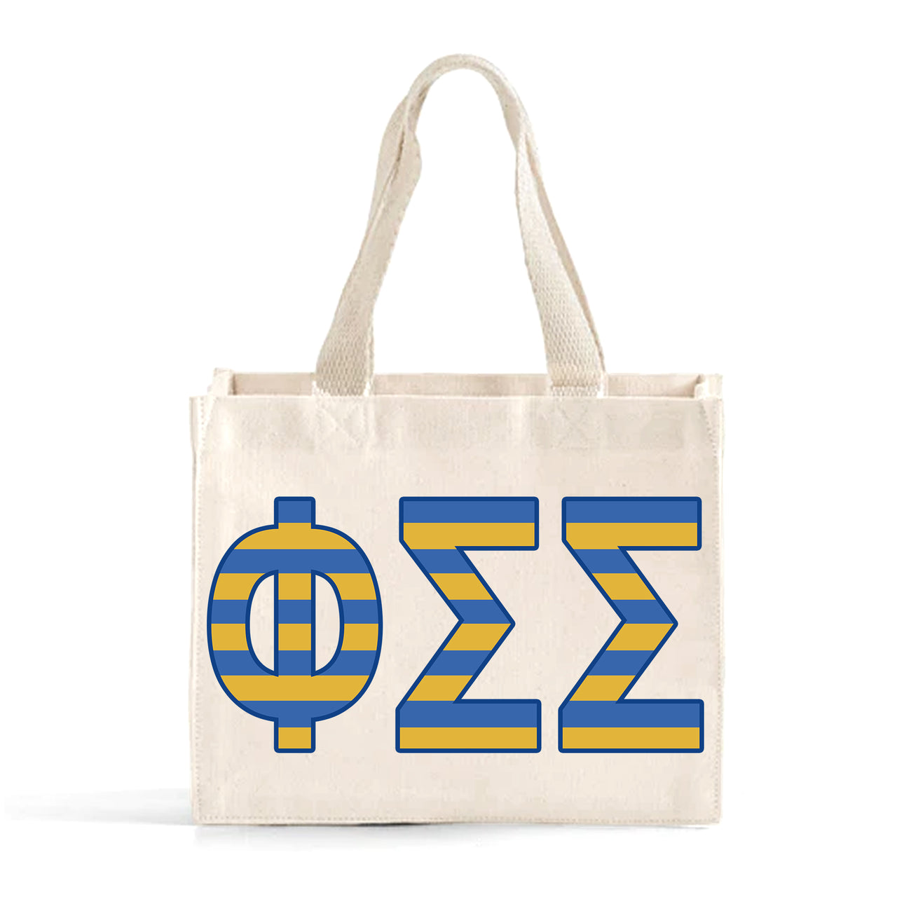 Front view of Phi Sigma Sigma Greek letters in sorority colors small striped tote bag