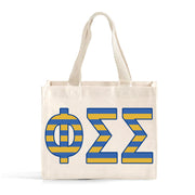 Front view of Phi Sigma Sigma Greek letters in sorority colors small striped tote bag
