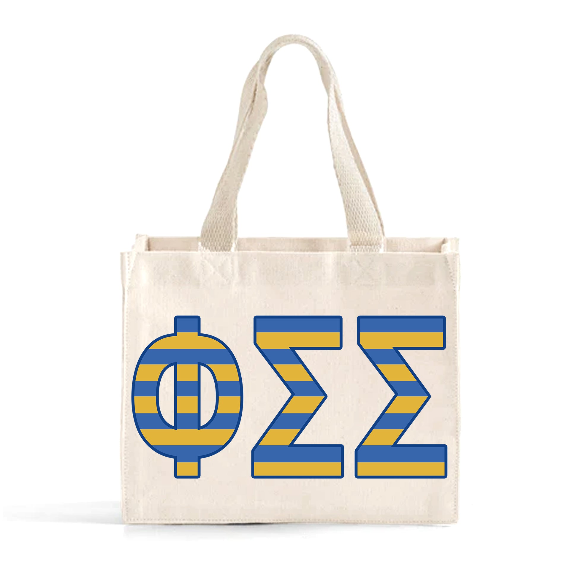 Front view of Phi Sigma Sigma Greek letters in sorority colors small striped tote bag