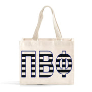 Front view of Pi Beta Phi small black and whie stripe tote bag