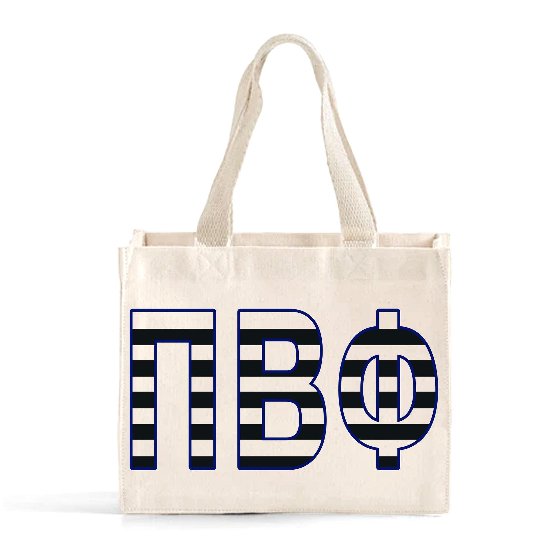 Front view of Pi Beta Phi small black and whie stripe tote bag