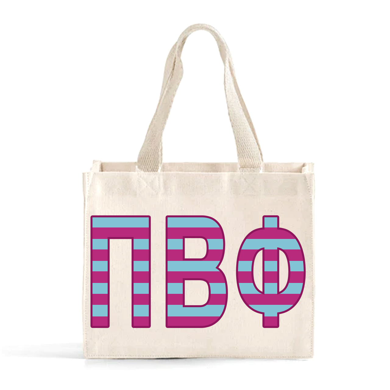 Front view of Pi Beta Phi Greek letters in sorority colors small striped tote bag