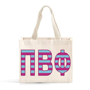 Front view of Pi Beta Phi Greek letters in sorority colors small striped tote bag