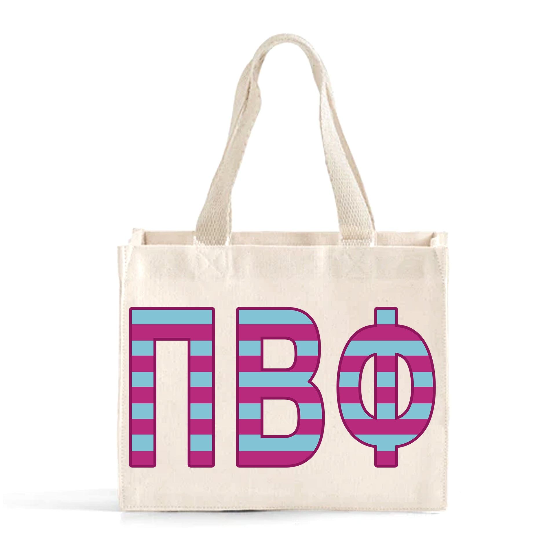 Front view of Pi Beta Phi Greek letters in sorority colors small striped tote bag