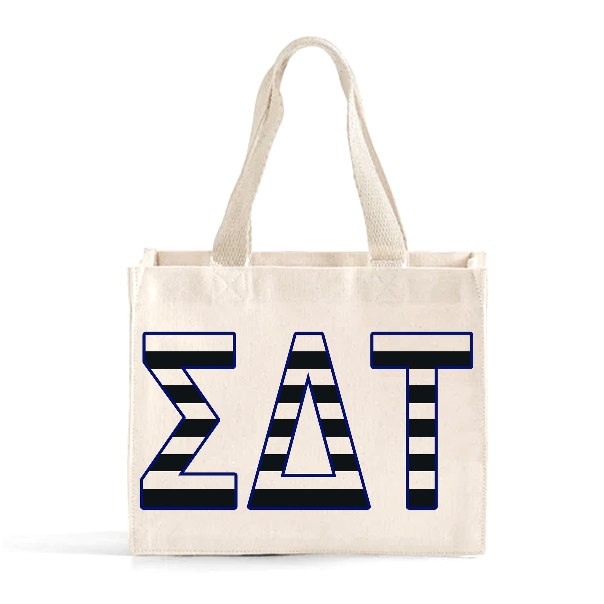 Front view of Sigma Delta Tau small black and whie stripe tote bag