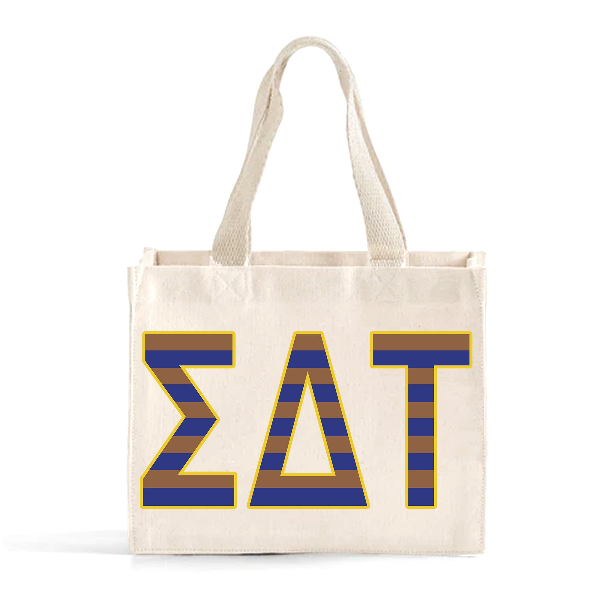 Front view of Sigma Delta Tau Greek letters in sorority colors small striped tote bag