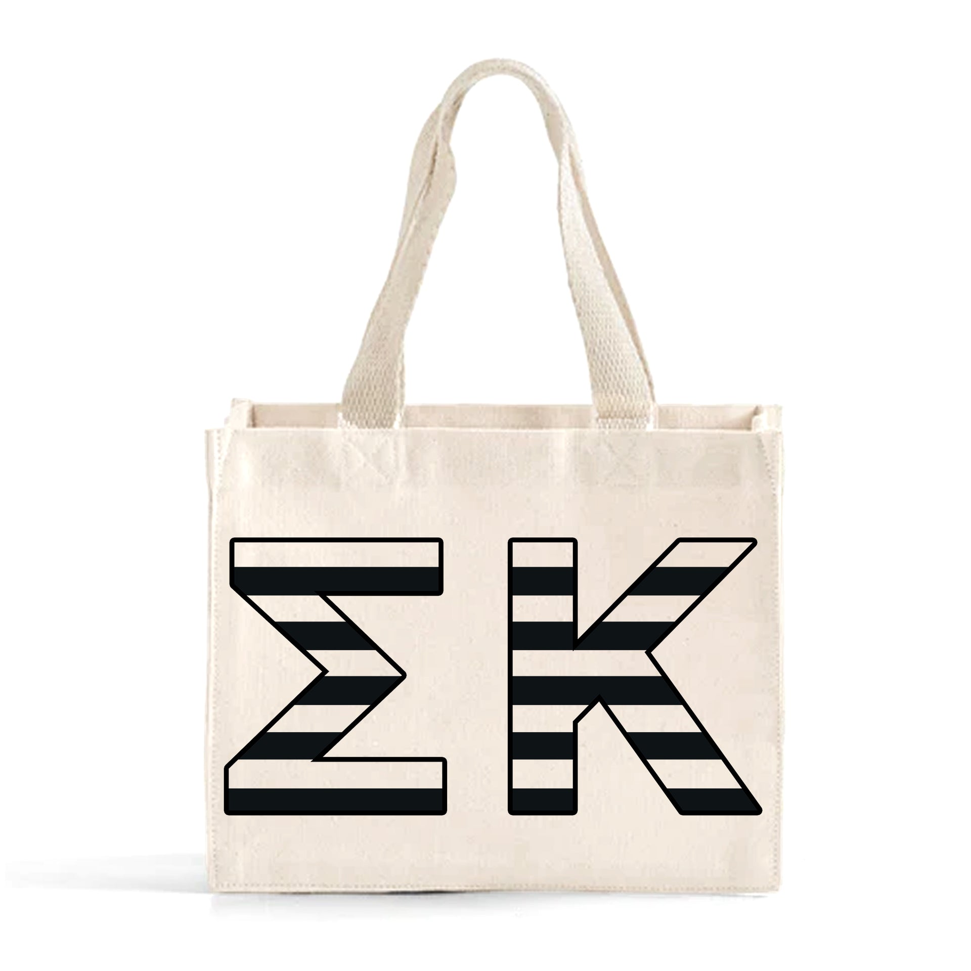 Front view of Sigma Kappa small black and whie stripe tote bag