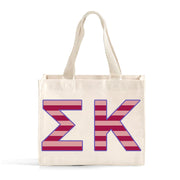 Front view of Sigma Kappa Greek letters in sorority colors small striped tote bag