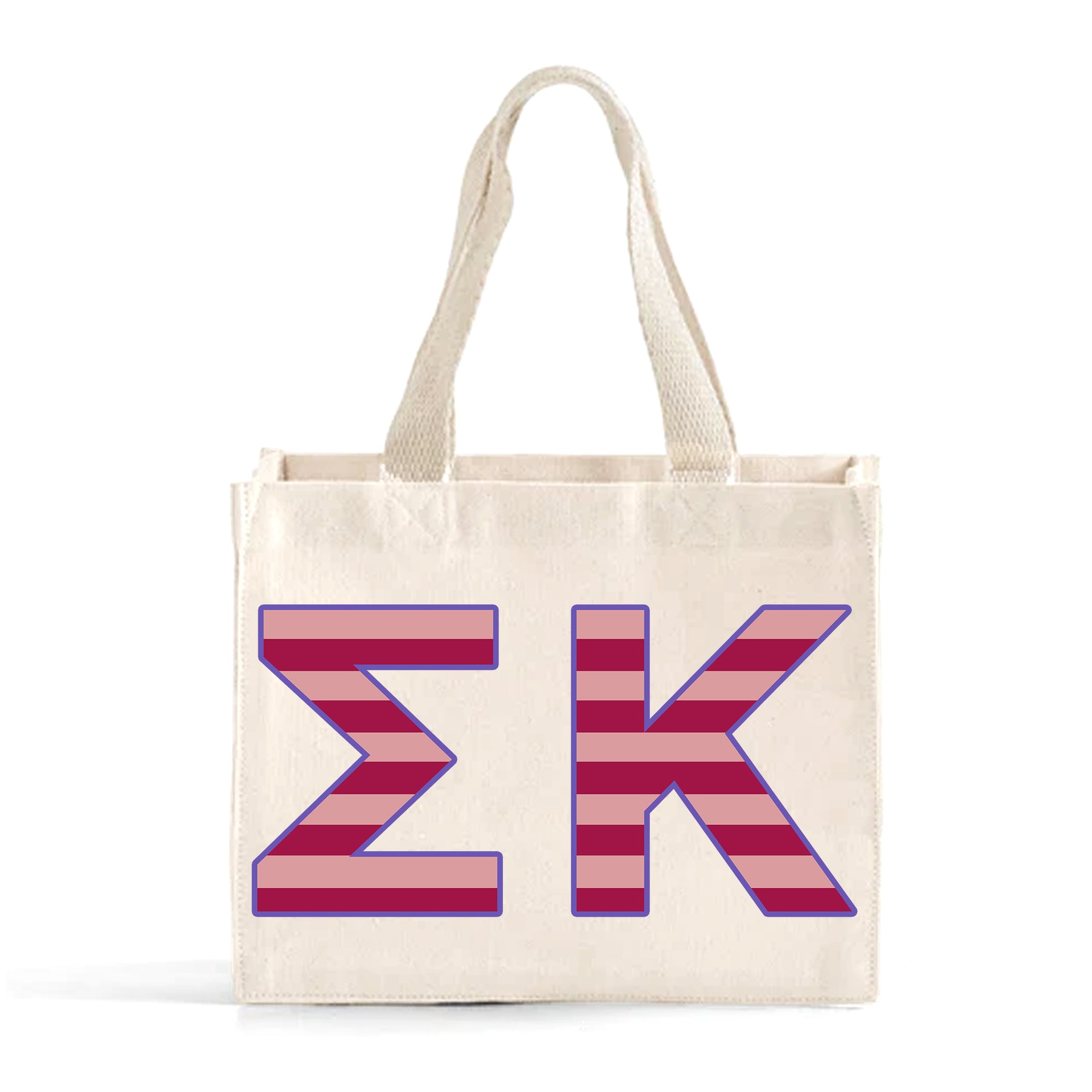 Front view of Sigma Kappa Greek letters in sorority colors small striped tote bag
