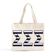 Front view of Sigma Sigma Sigma small black and whie stripe tote bag