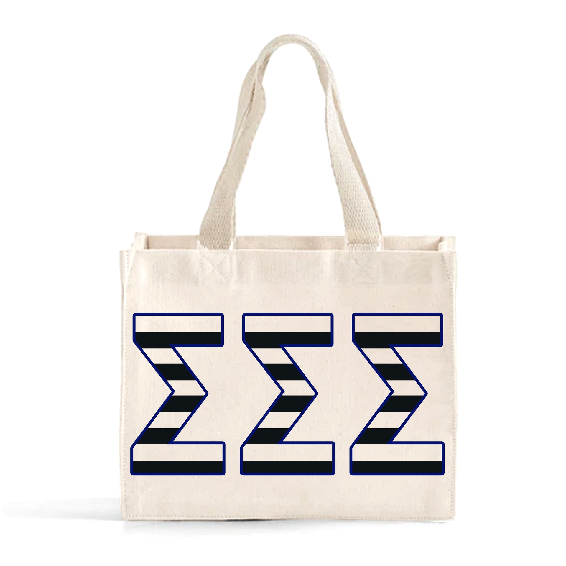 Front view of Sigma Sigma Sigma small black and whie stripe tote bag
