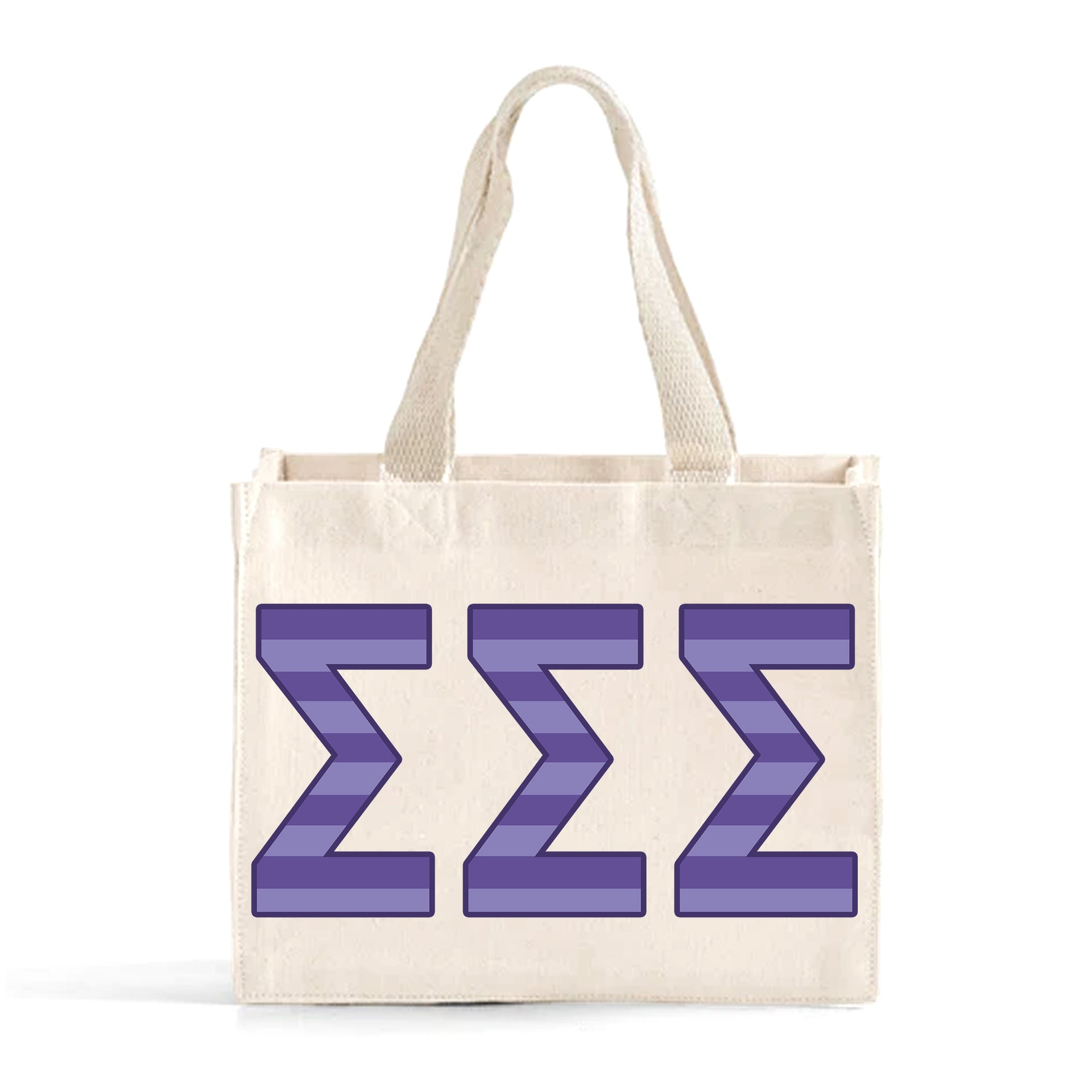 Front view of Sigma Sigma Sigma Greek letters in sorority colors small striped tote bag