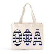 Front view of Theta Phi Alpha small black and whie stripe tote bag