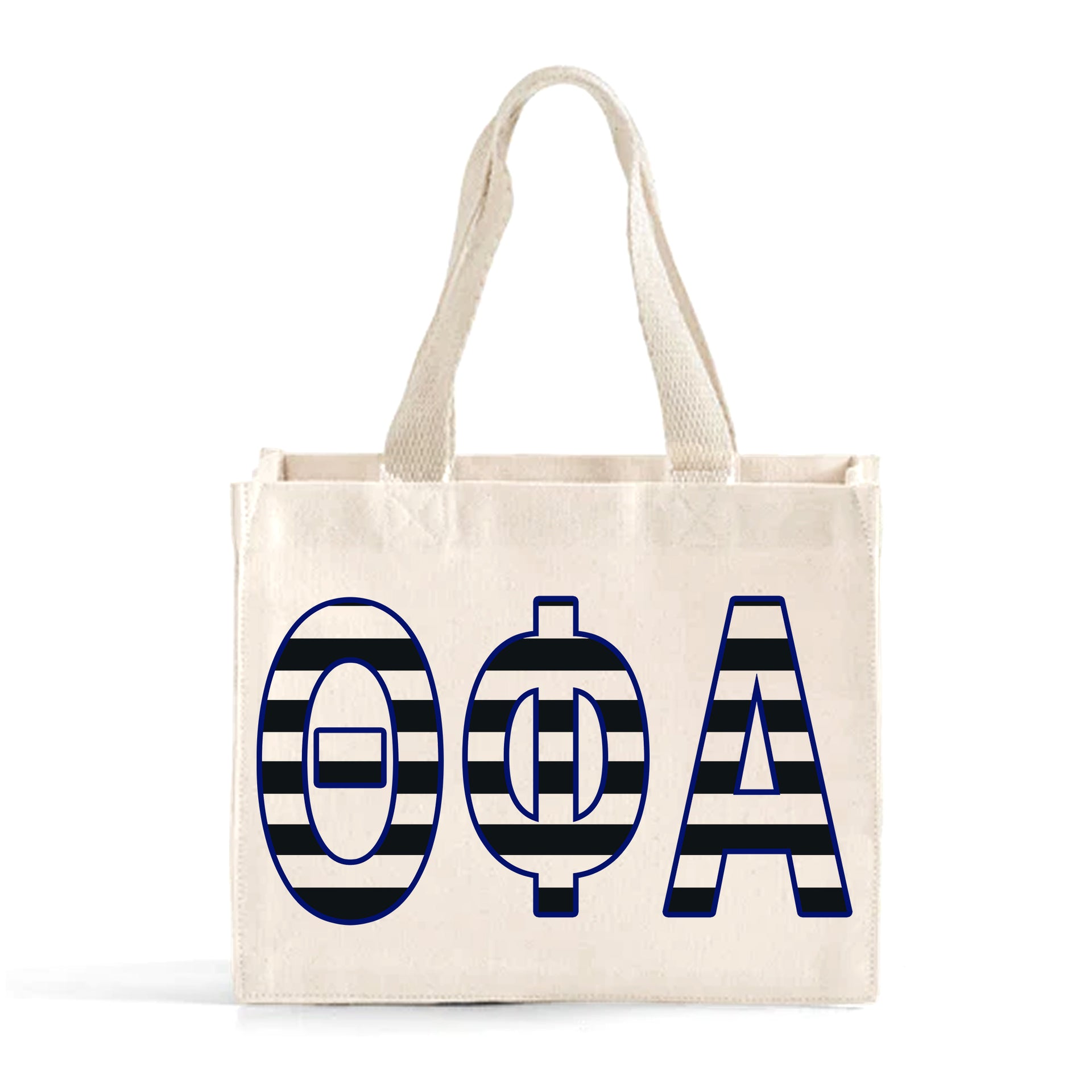 Front view of Theta Phi Alpha small black and whie stripe tote bag