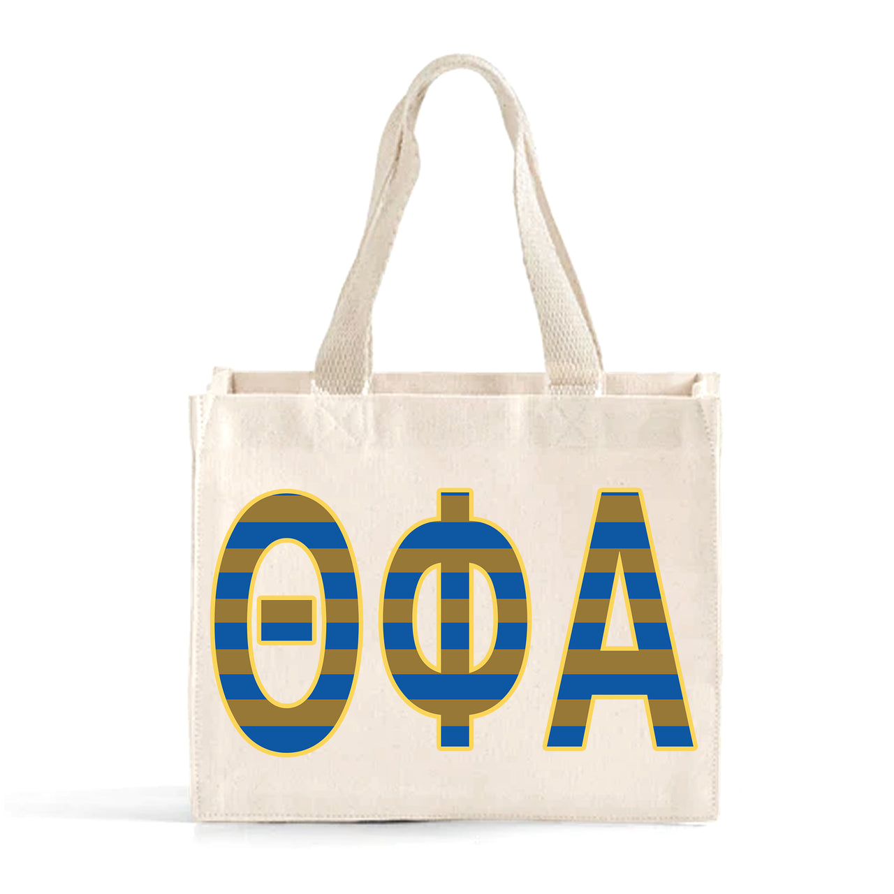 Front view of Theta Phi Alpha Greek letters in sorority colors small striped tote bag