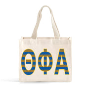 Front view of Theta Phi Alpha Greek letters in sorority colors small striped tote bag