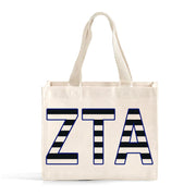 Front view of Zeta Tau Alpha small black and whie stripe tote bag