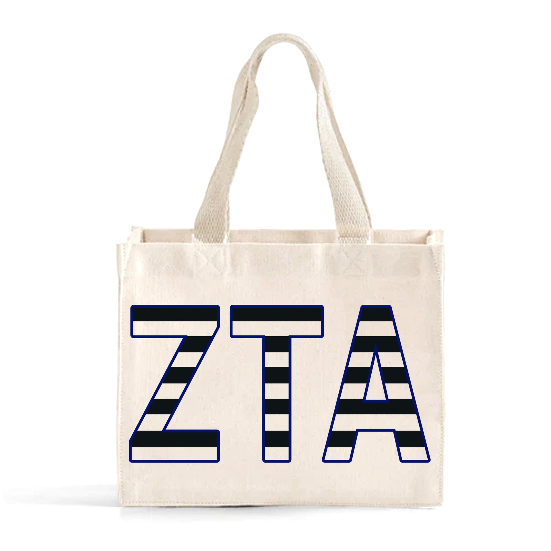 Front view of Zeta Tau Alpha small black and whie stripe tote bag