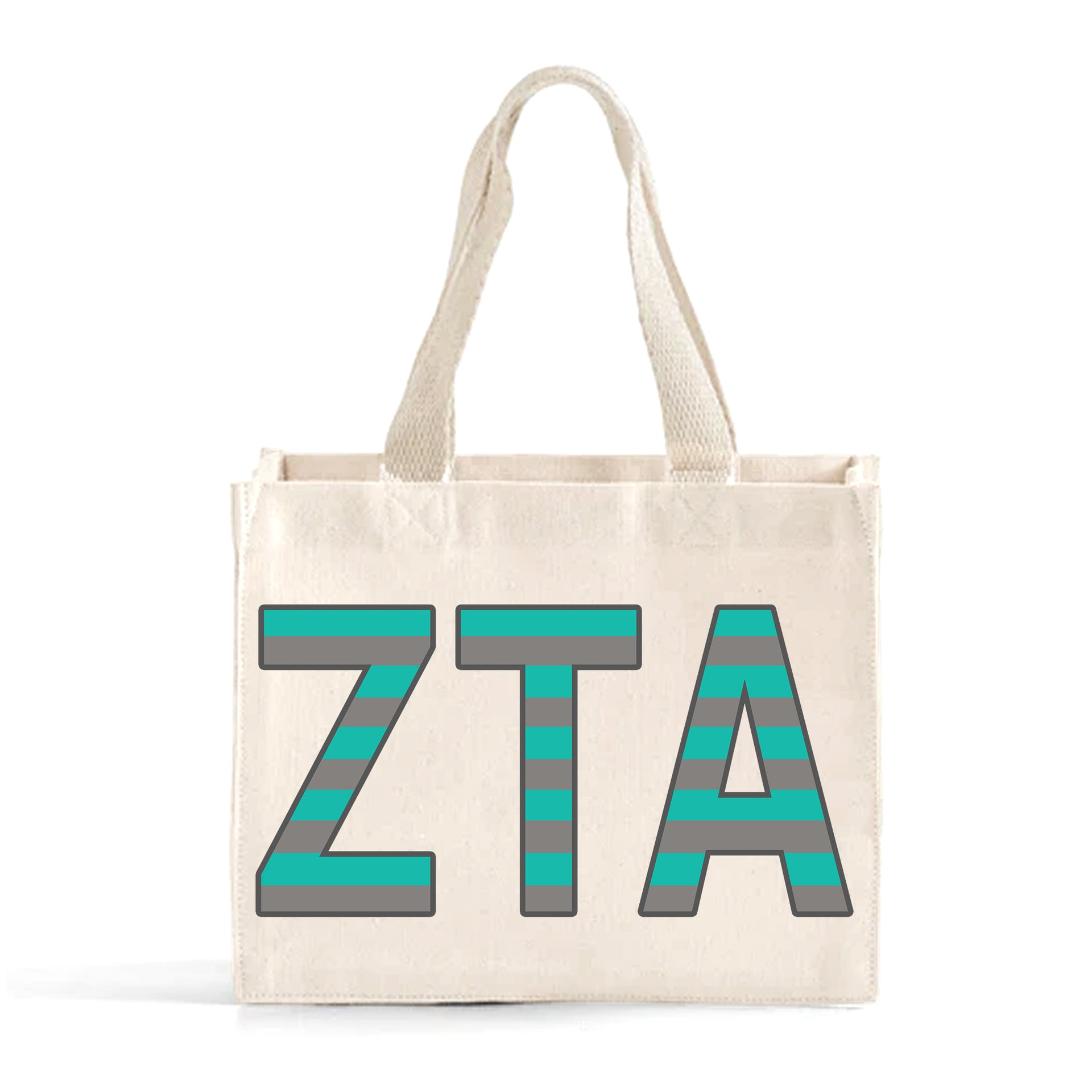 Front view of Zeta Tau Alpha Greek letters in sorority colors small striped tote bag