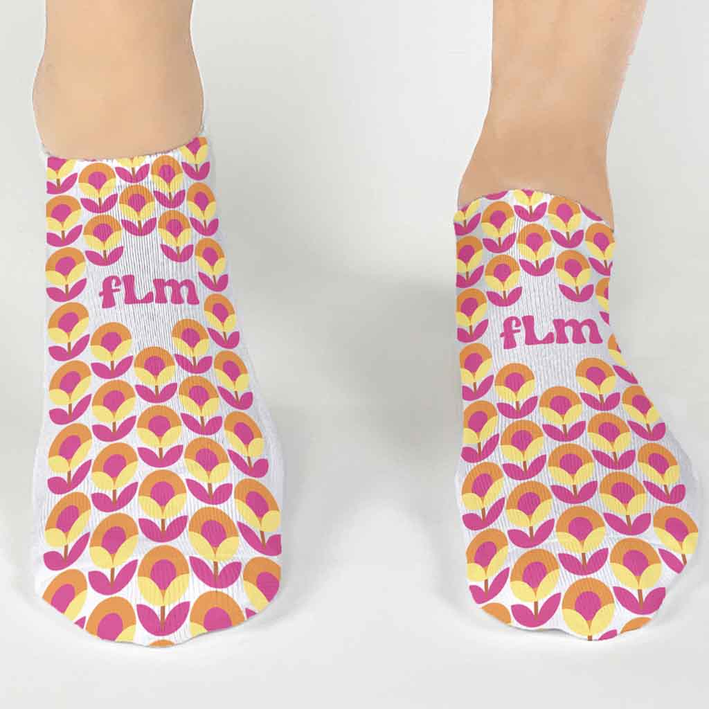 Custom floral pop monogram design digitally printed on white cotton no show socks in a three pair gift box set.