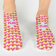 Custom floral pop monogram design digitally printed on white cotton no show socks in a three pair gift box set.