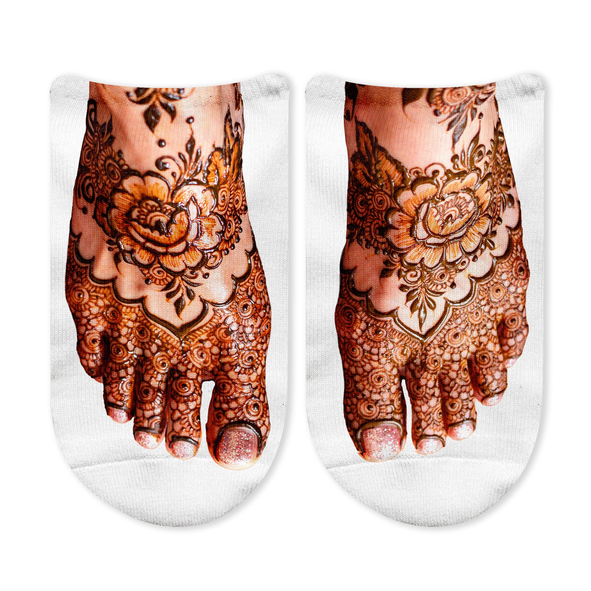 Henna foot tattoo no show socks with intricate boho design printed on top of white socks
