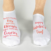 white no show cotton socks with a fun galentines day saying printed on them
