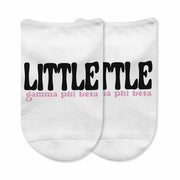 Fun Gamma Phi Beta big and little designs on white cotton no show socks.