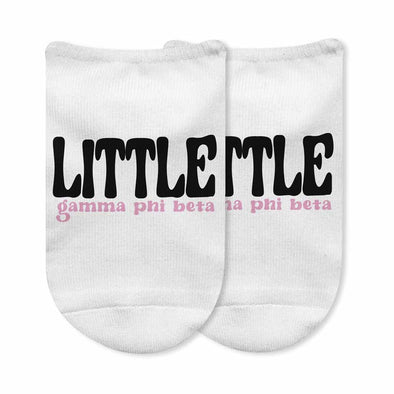 Fun Gamma Phi Beta big and little designs on white cotton no show socks.
