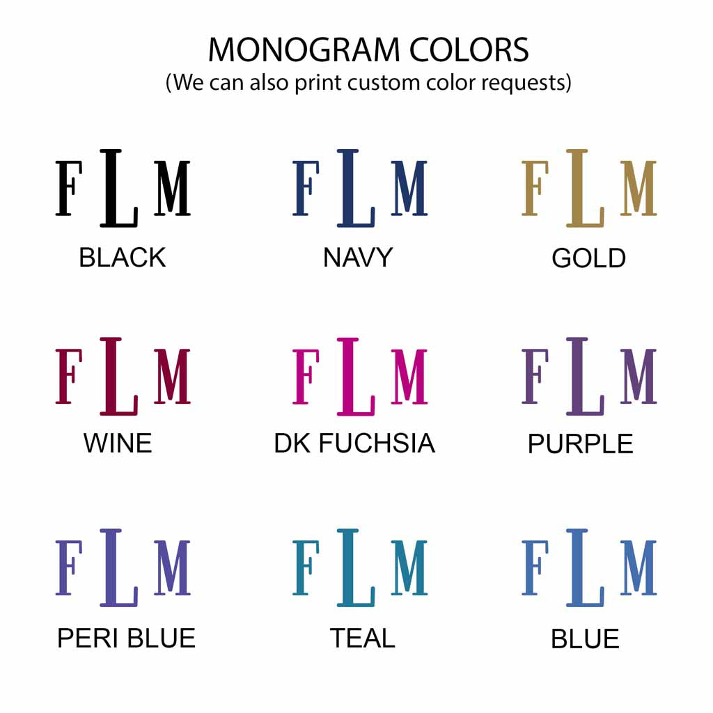 Monogram color options for large canvas tote bag.